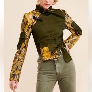 Kim Shui x Free People Cargo Snakeskin Embossed Cropped Jacket Top Green/Yellow